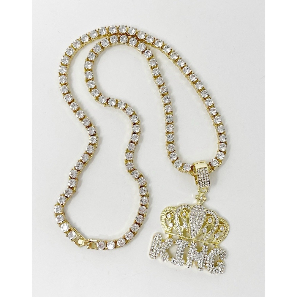 Bling King Crown Pendant with Row Tennis Chain Gold Finish Jewelry